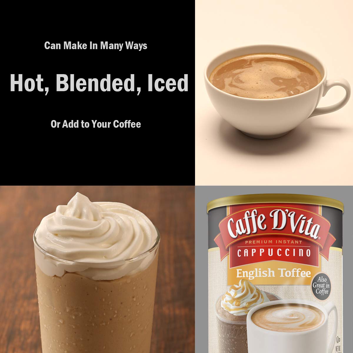 Caffe Da'Vita English Toffee Cappuccino Mix - Instant Cappuccino Mix, Gluten Free, No Cholesterol, No Hydrogenated Oils, No Trans Fat, 99% Caffeine