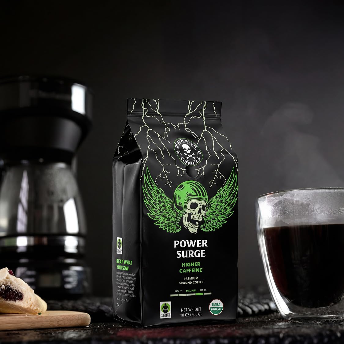 Death Wish Coffee, Power Surge Ground Coffee, Naturally Higher Caffeinated Coffee, Certified Fair Trade and Organic (16 oz)