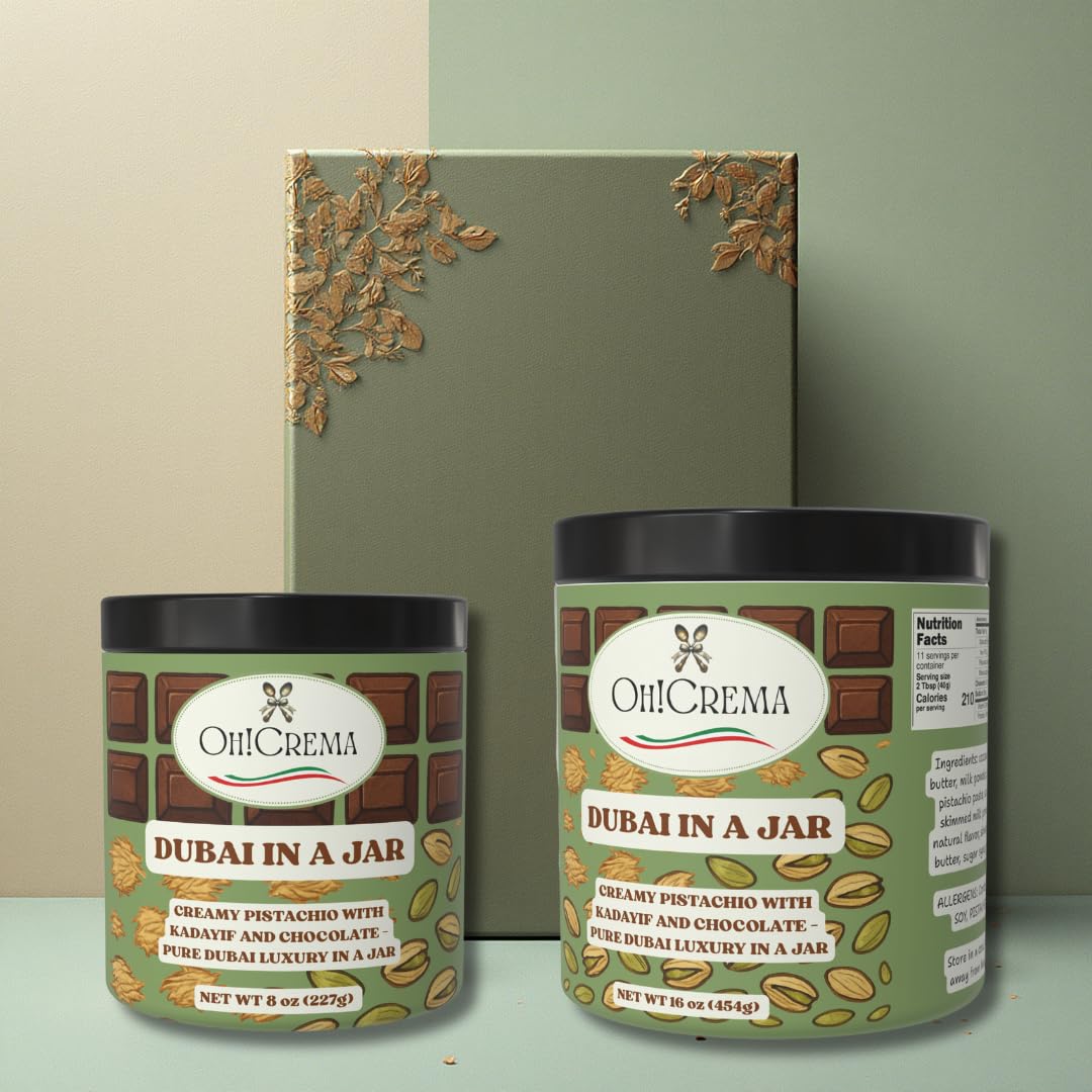 Oh! Crema Dubai in a Jar - Milk Chocolate & Italian Pistachio Spread with Kadayif Kataifi Crunch | Belgian Chocolate Filling for Desserts, Toast