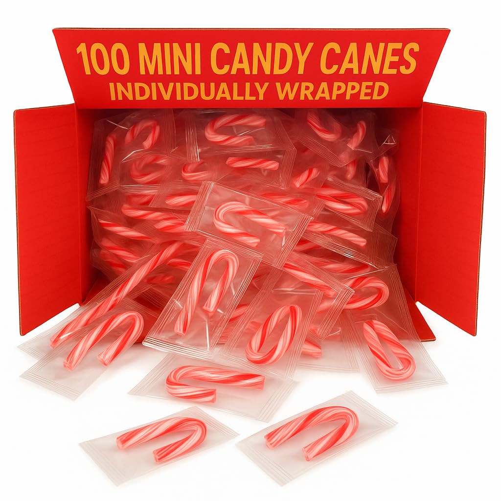 Mini Candy Canes(100 Count -Mini Candy Canes) Peppermint Individual wrapped candies) Bulk| Red & White Stripes |Christmas Candy, Santa Parade,Chrismas