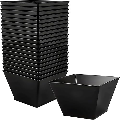 Lillian Tablesettings Black Plastic Square Bowls, 8 oz Small Disposable Serving Bowls for Appetizers, Desserts & Dips, Heavyweight BPA-Free, 20 Count