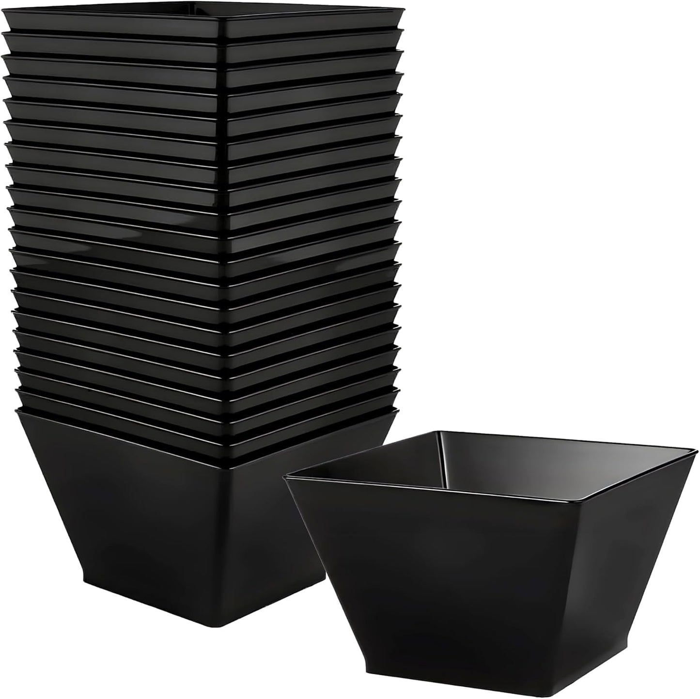 Lillian Tablesettings Black Plastic Square Bowls, 8 oz Small Disposable Serving Bowls for Appetizers, Desserts & Dips, Heavyweight BPA-Free, 20 Count