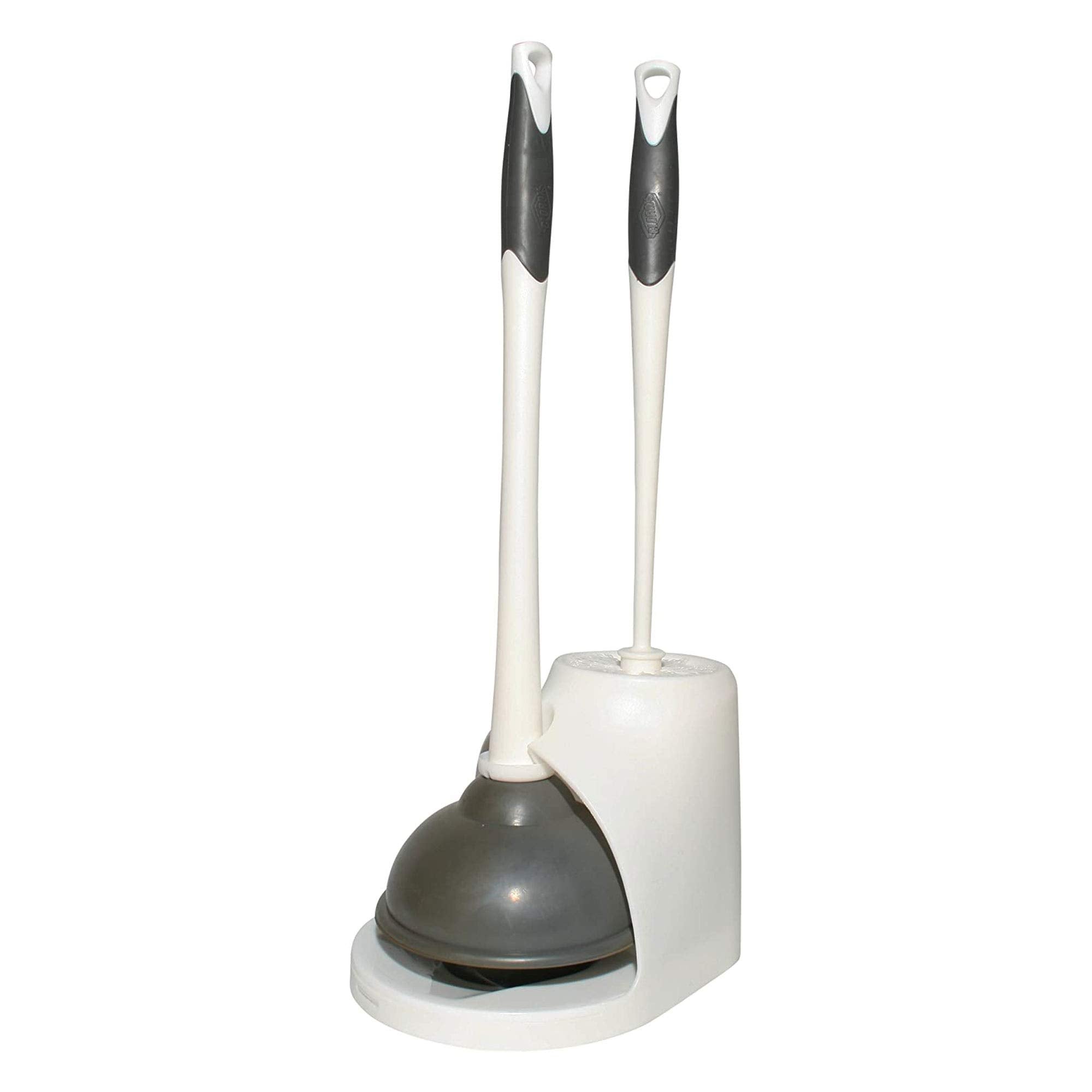 Clorox Toilet Plunger and Brush Bowl Set with Holder Caddy Storage for Cleaning Bathroom and Unclogging Toilets, White and Gray
