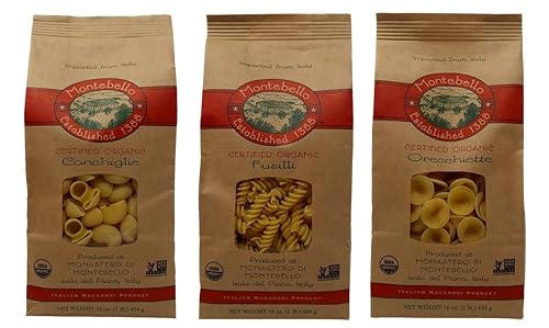 Montebello Organic Imported Italian Pasta 3 Shape Variety Bundle: (1) Orecchiette, (1) Fusilli, and (1) Conchiglie (16 Ounces)