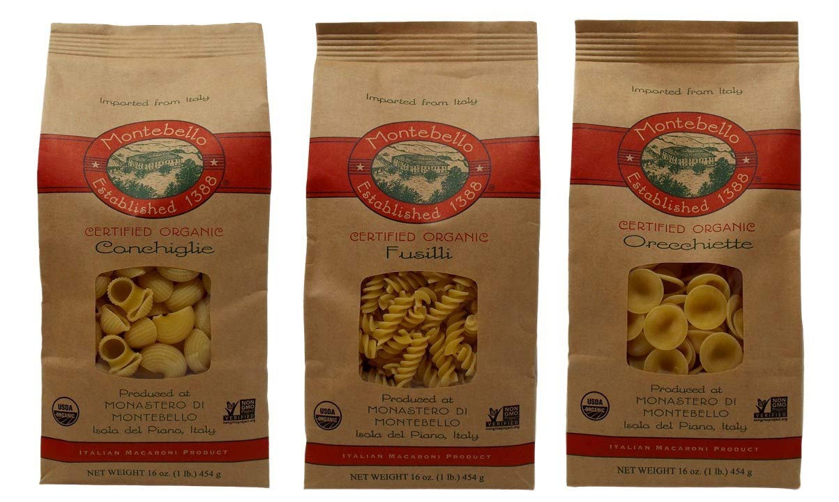 Montebello Organic Imported Italian Pasta 3 Shape Variety Bundle: (1) Orecchiette, (1) Fusilli, and (1) Conchiglie (16 Ounces)
