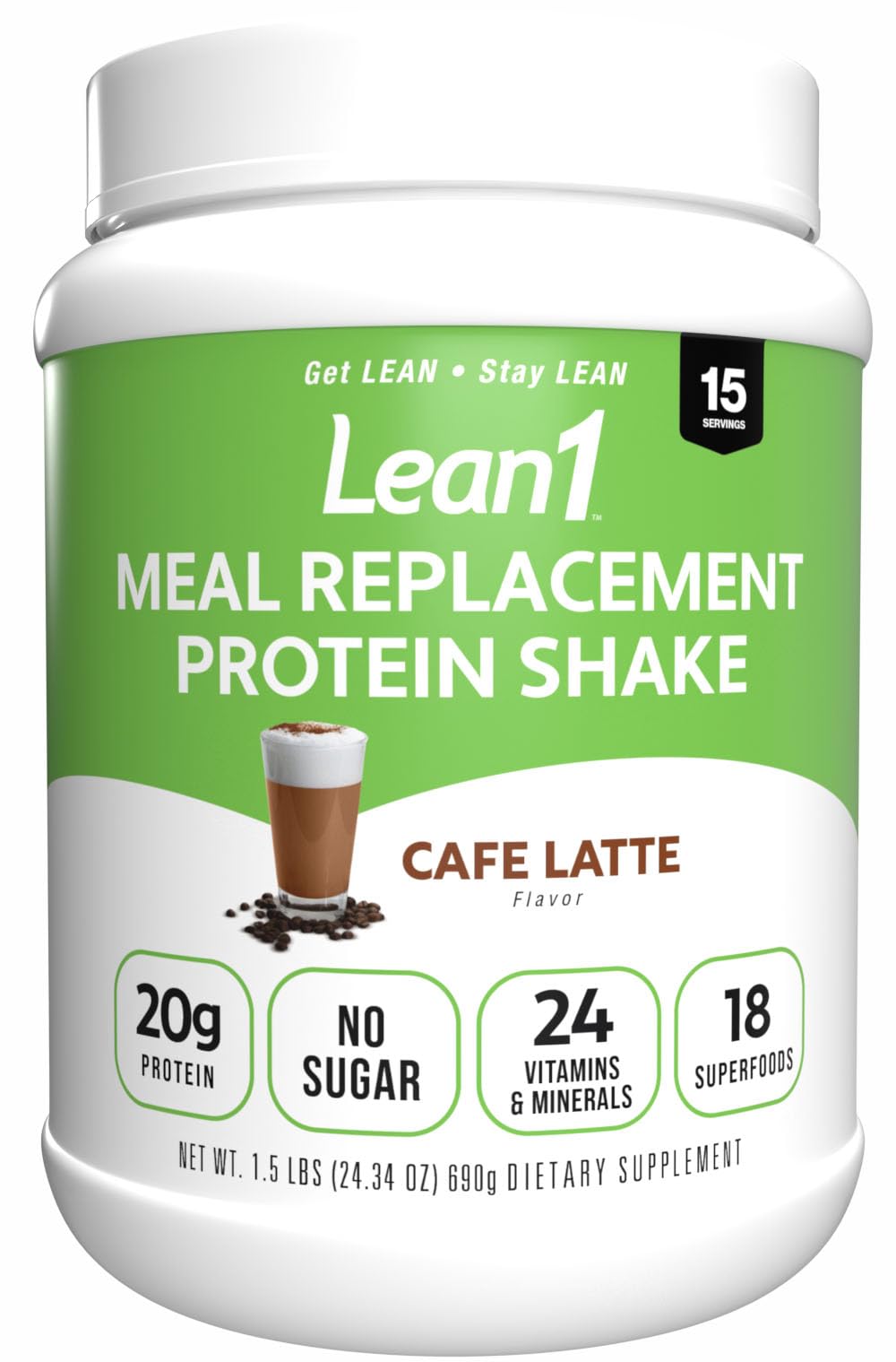 N53 Lean1 Meal Replacement Protein Powder, Cafe Latte Flavor, 15 Serving tub, No Sugar Added