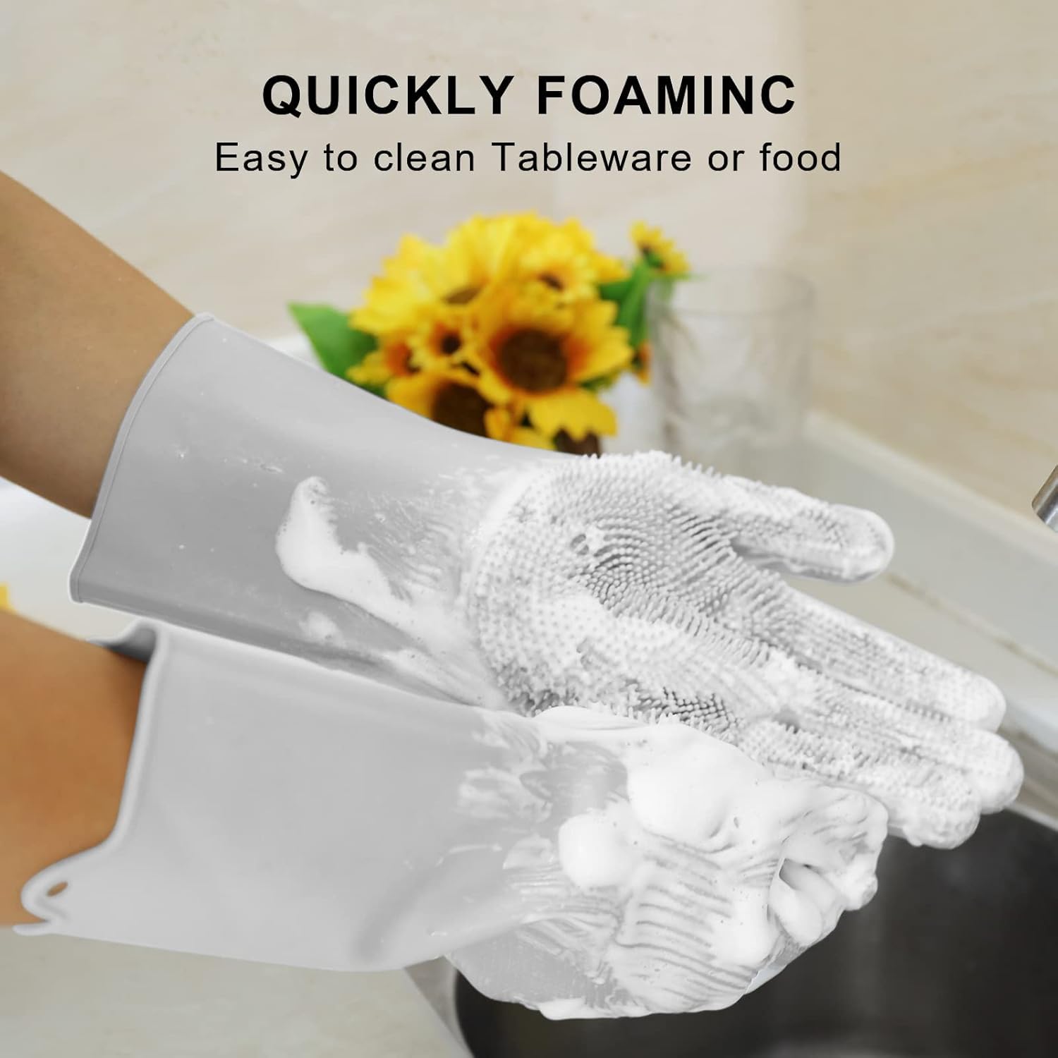 Dishwashing Sponge Gloves for Kitchen, Dishwashing Gloves Reusable Rubber Cleaning Gloves, Silicone Dishwashing Gloves Scrubber Glove, Washing Gloves