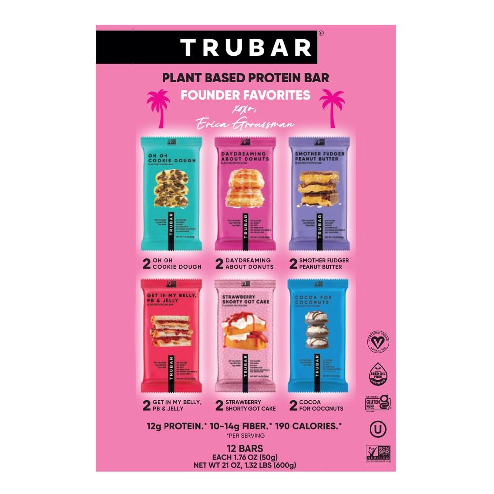 TRUBAR Vegan Protein Bars, 12 Count Founder Favorites Variety Pack, (2 Each - OOCD, DAD, SFPB, PBJ, SSGC & CoCo), Gluten Free, Plant Based, Dairy