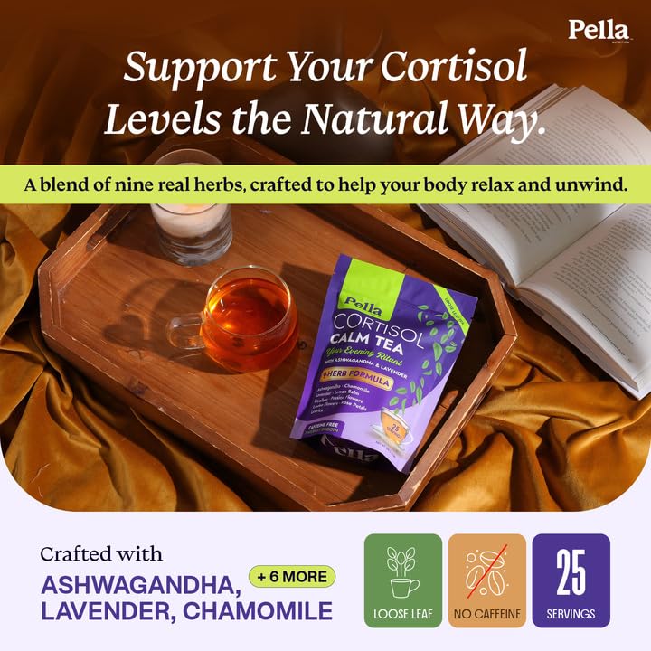 Cortisol Calm Tea - 9-Herb Relaxation Formula - Ashwagandha Chamomile Lavender Lemon Balm Rooibos Passion Flowers Linden Flowers Rose Licorice - Vegan