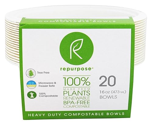 Repurpose 100% Compostable Plant-Based Bagasse Bowls, 16 ounce, 20 Count