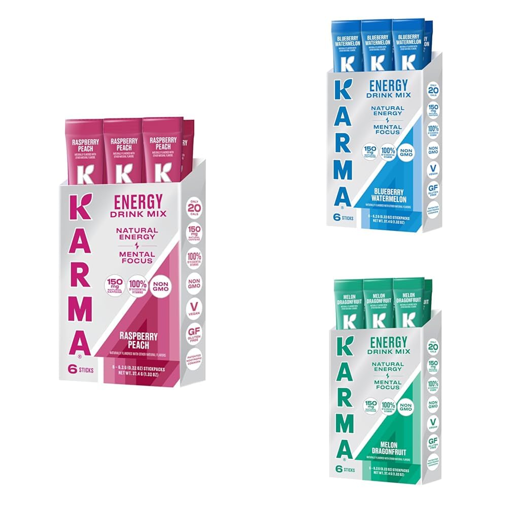 Karma Energy Hydration Packet Variety Pack - Raspberry Peach, Melon Dragonfruit & Blueberry Watermelon Drink Mix with Cognizin® Nootropics & Vitamins