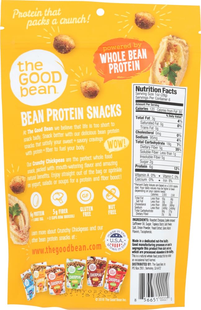 The Good Bean Crunchy Chickpeas - Classic Hummus - 6 oz Resealable Bag - Roasted Chickpea Beans - Vegan Snack with Good Source of Plant Protein
