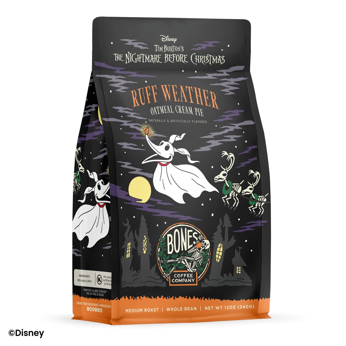 Bones Coffee Company The Nightmare Before Christmas Ruff Weather Flavored Coffee Beans, Medium Roast Ground Coffee Low Acid, Oatmeal Creampie Flavor