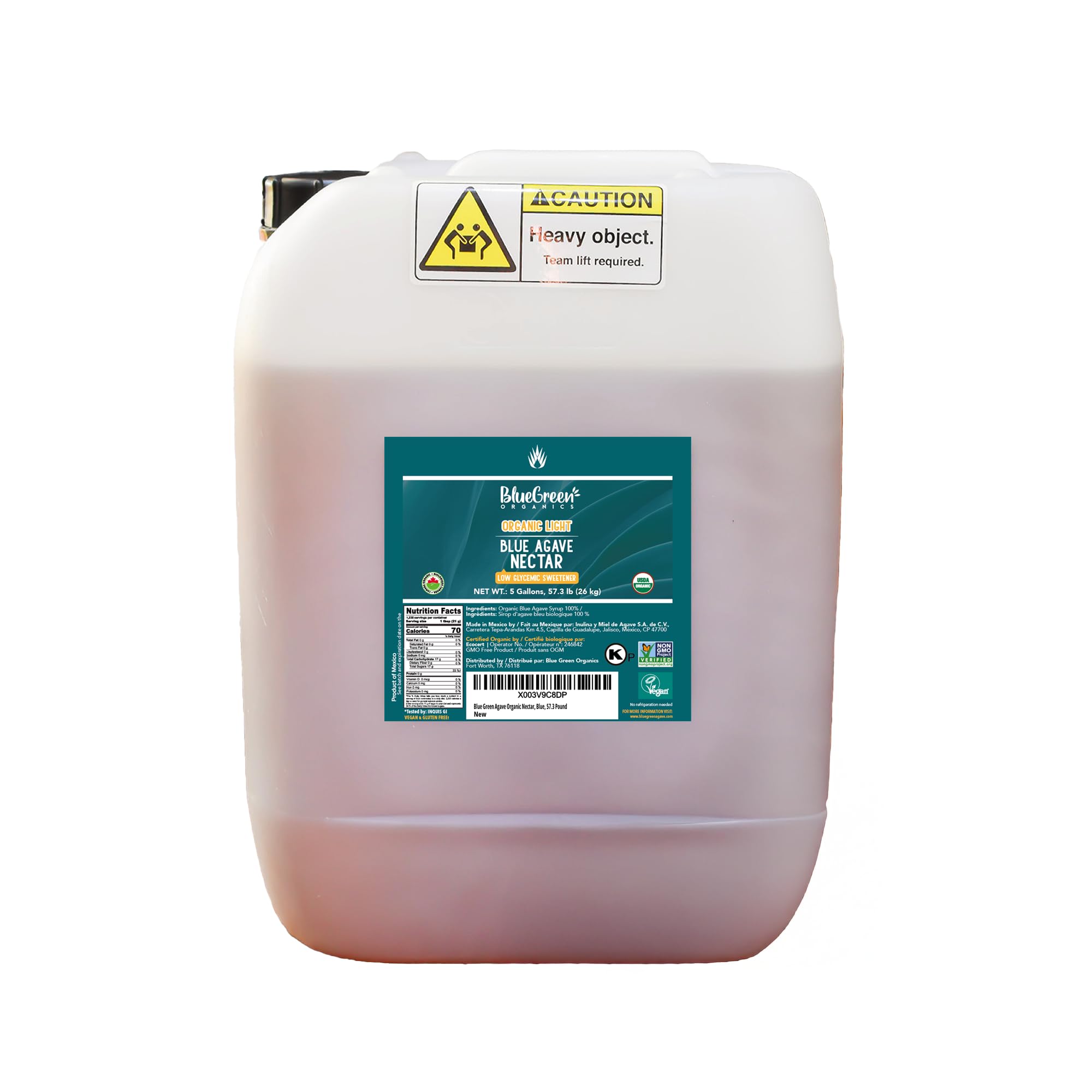 BLUE GREEN ORGANICS 57.3 lb Light Blue Agave , 5 Gallon Bulk Organic Sweetener , Low Glycemic Sugar Alternative for Restaurants & Catering , Mild