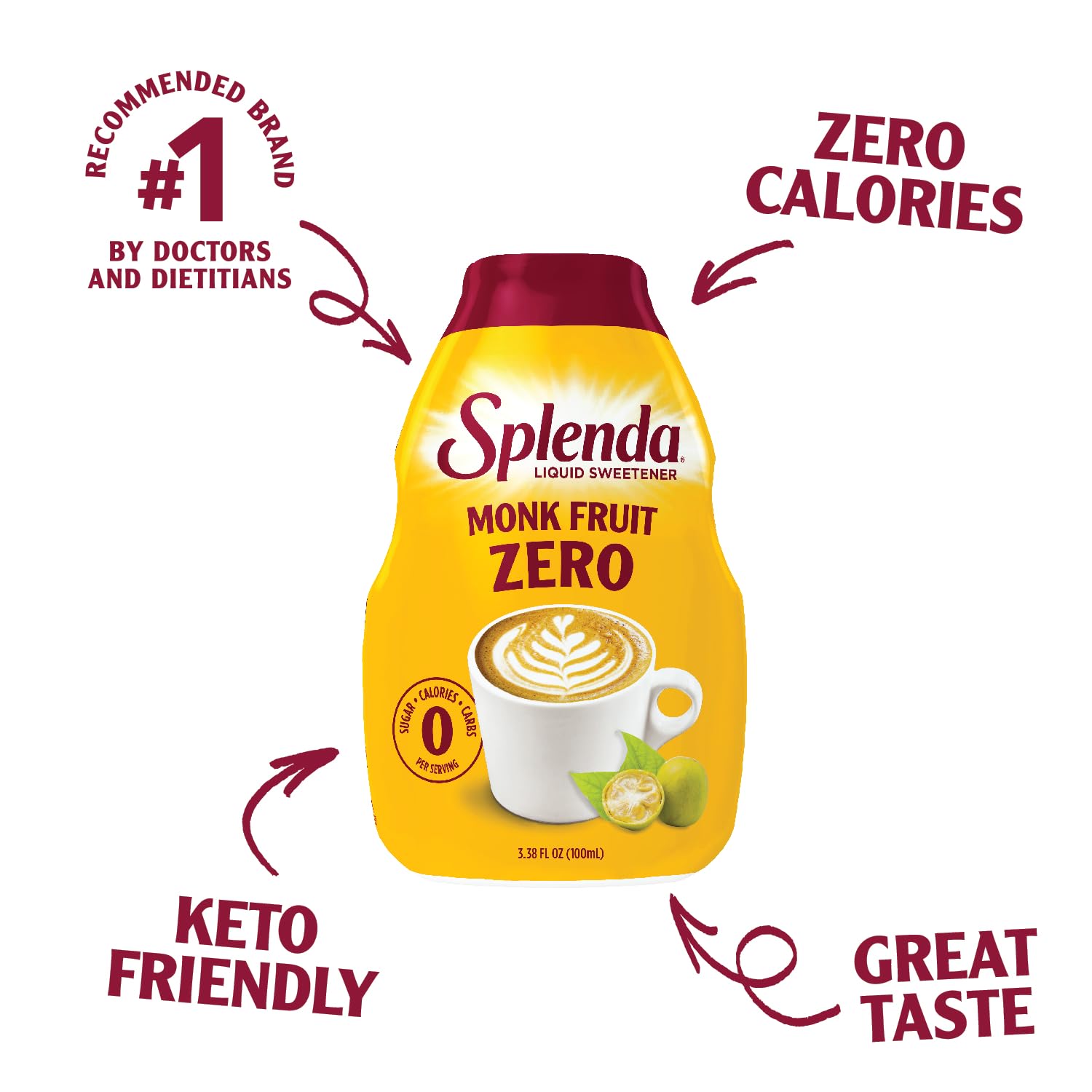 SPLENDA Monk Fruit Liquid Zero Calorie Sweetener Drops, 3.38 Fl Oz Bottle (Pack of 1)
