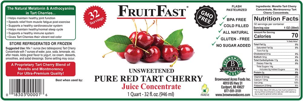 Red Tart Cherry Juice Concentrate by FruitFast - (32 FL OZ) Unsweetened, 68 Brix Pure Concentrated Juice - 100% Dark Cherry Extract - No Additives or
