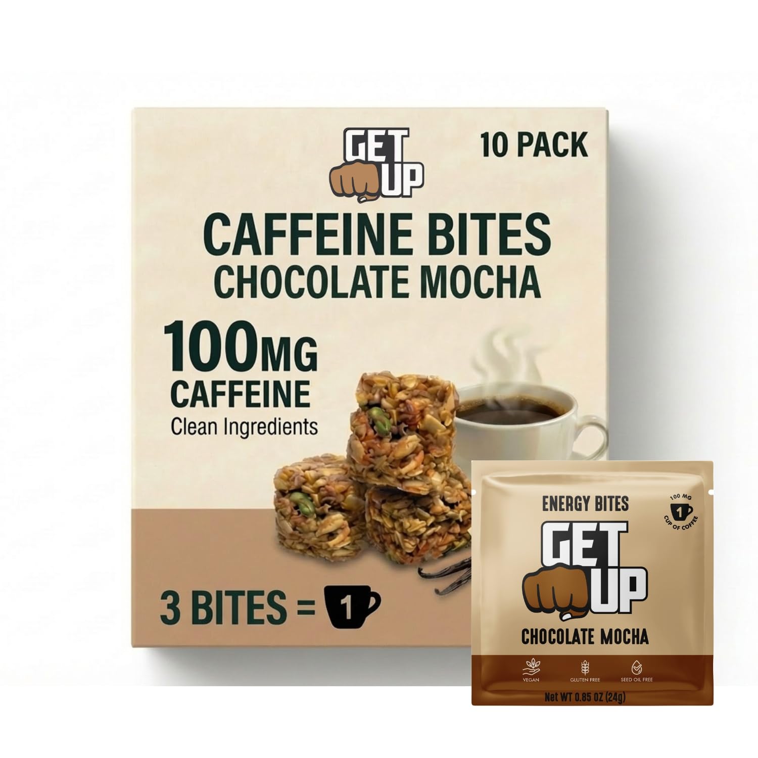 GetUp - Caffeinated Granola Bites - Chocolate Mocha (10 Pack) - 100mg Caffeine Energy Bites - Gluten-Free, 0 Seed Oils, All Natural - Coffee