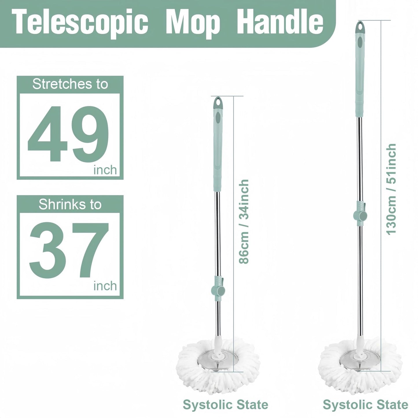 Spin Mop Replacement Handle, Upgraded Reinforced Locking 360° Spinning Adjustable Cleaning Mop, 2 Reinforced Locking Telescopic Rods + 3 Reusable