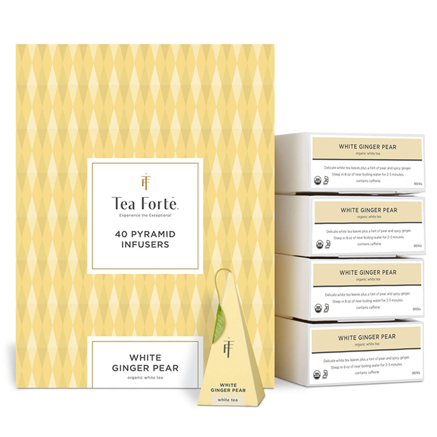 Tea Forte White Ginger Pear Premium Organic Caffeinated White Tea Blend Event Box, Bulk Pack 40 Count, 10 per tray Individually Wrapped Handcrafted