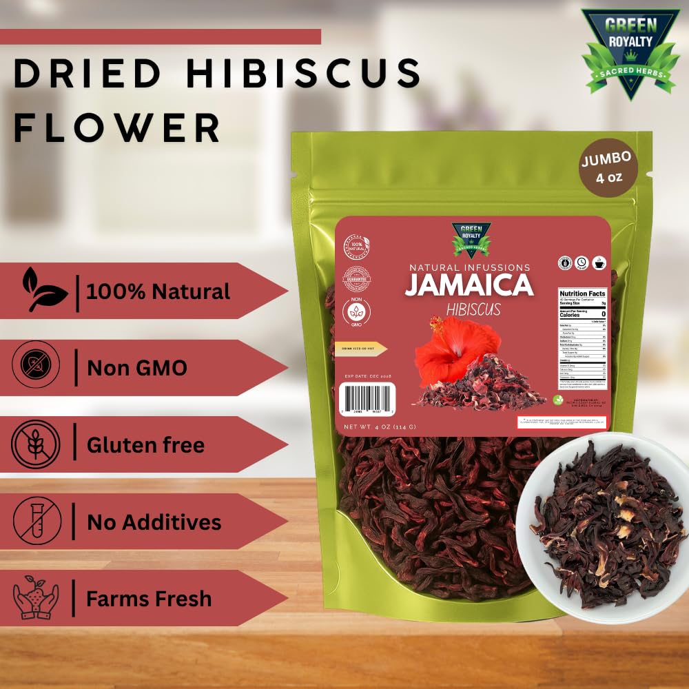 Green Royalty Jamaica (Hibiscus) 4 oz - 100% Natural Dried Hibiscus Flowers - Non-GMO, Gluten-Free, Caffeine-Free Herbal Infusion - Resealable Bag