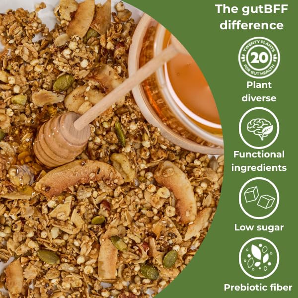 GutBFF Low Sugar Granola - Gluten Free Healthy Granola with Lion’s Mane Mushroom & Baobab Superfruit for Gut Health - 5g Sugar Breakfast Granola