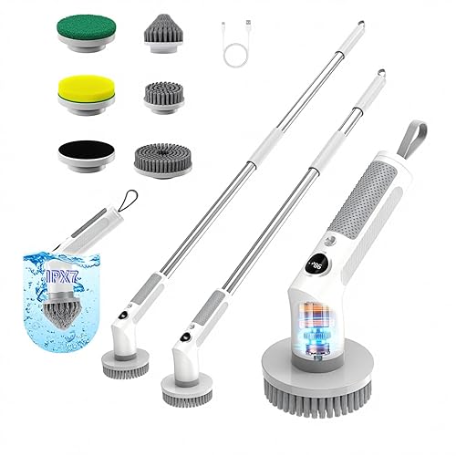 Electric Spin Scrubber, Cordless 20W High-Torque Cleaning Brush Bathroom Scrubber, IPX7 Waterproof Electric Scrubber with 6 Brush Heads, Extendable
