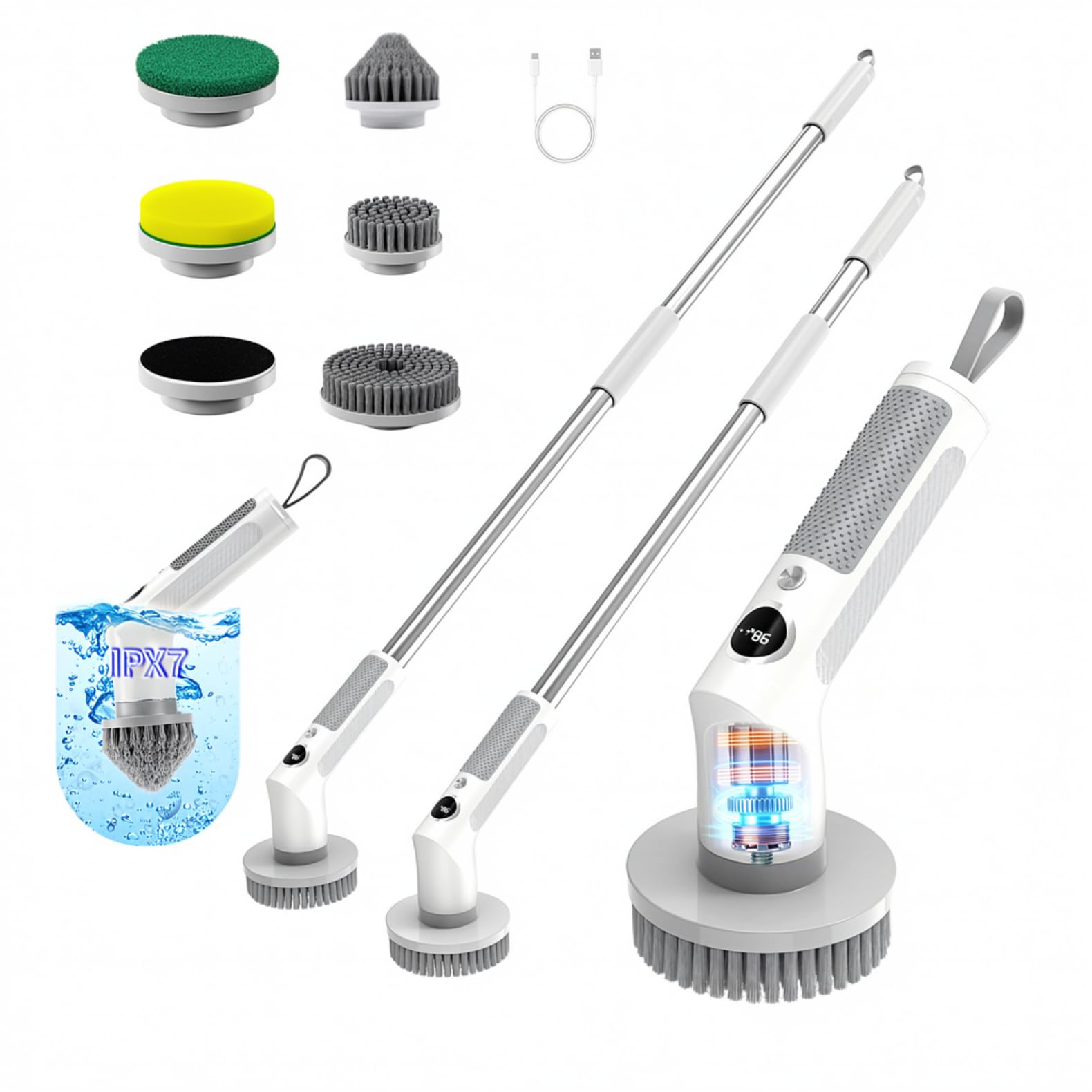 Electric Spin Scrubber, Cordless 20W High-Torque Cleaning Brush Bathroom Scrubber, IPX7 Waterproof Electric Scrubber with 6 Brush Heads, Extendable