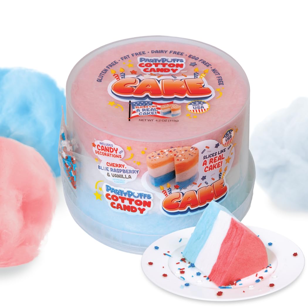 PartyPuffs 4oz Sliceable Cotton Candy Cake Tub - Strawberry Vanilla Blue Raspberry - Ready-to-Serve Gluten-Free Dessert for Kids & Party Favors