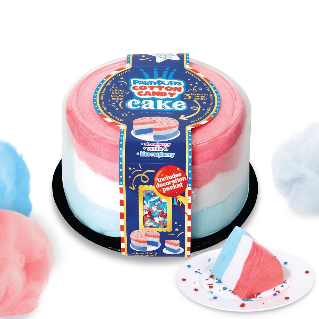 PartyPuffs Jumbo Cotton Candy Cake 13oz - Slices Like Real Cake - Strawberry Vanilla Blue Raspberry - Ready to Serve Gluten-Free Dessert for Birthdays
