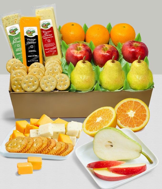 From You Flowers Premier Fruit & Cheese Gift Box - Fresh Apples, Pears, Oranges, Gourmet Cheddar & Crackers for Birthday & Thank You