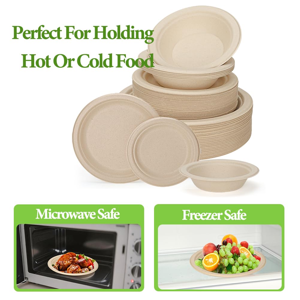150 Pcs Disposable Paper Plates and Bowls Bulk, 50 Pack Compostable Paper Plates and Bowls Dinnerware Set, Include 7 Inch & 9 Inch Plate, 12 Oz