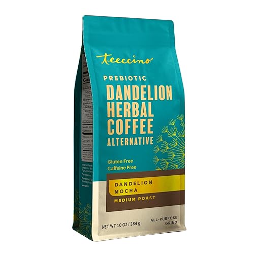 Teeccino Dandelion Mocha Herbal Coffee - Caffeine-Free Coffee Alternative with Prebiotics, Gluten Free, Acid Free - Medium Roast, 10 oz
