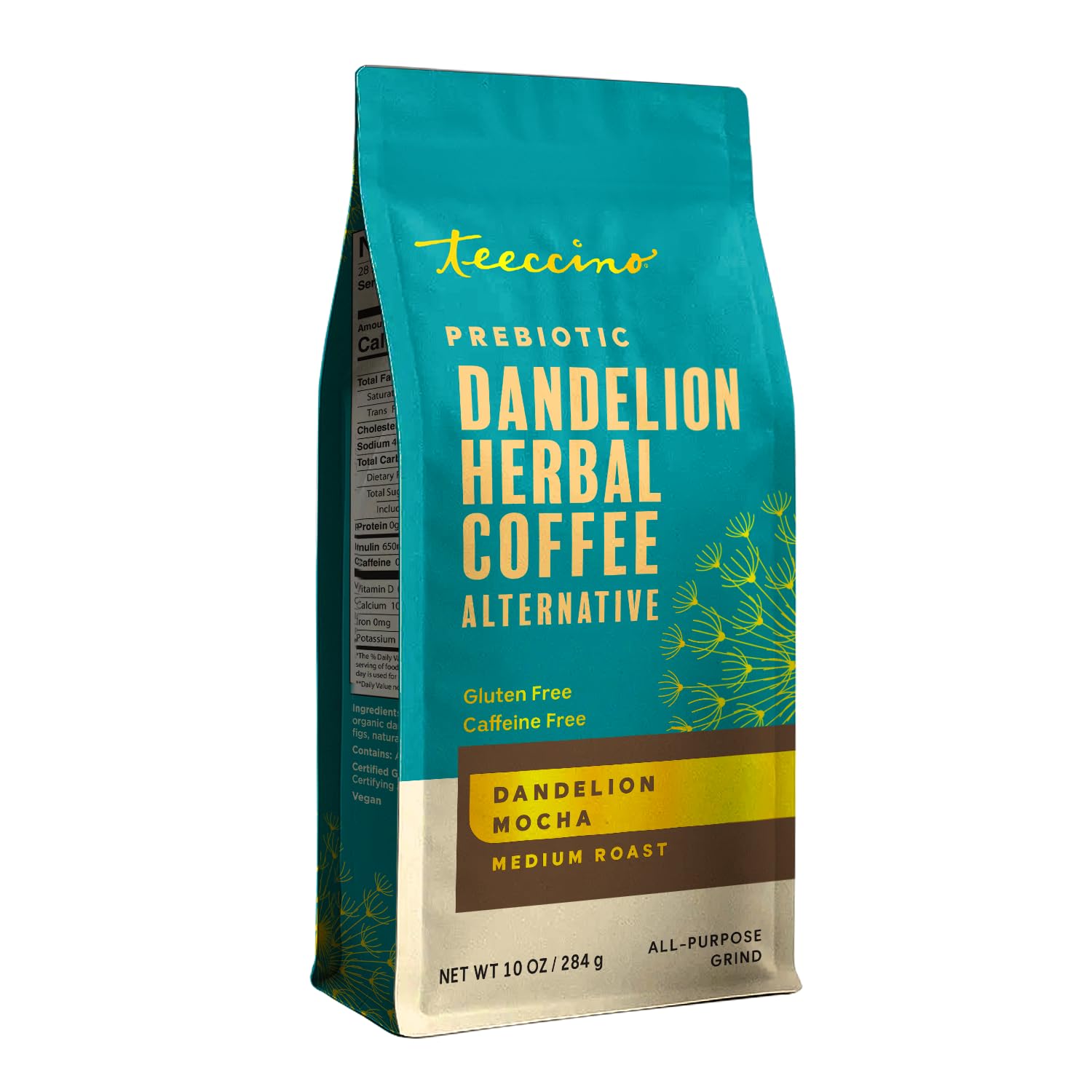 Teeccino Dandelion Mocha Herbal Coffee - Caffeine-Free Coffee Alternative with Prebiotics, Gluten Free, Acid Free - Medium Roast, 10 oz