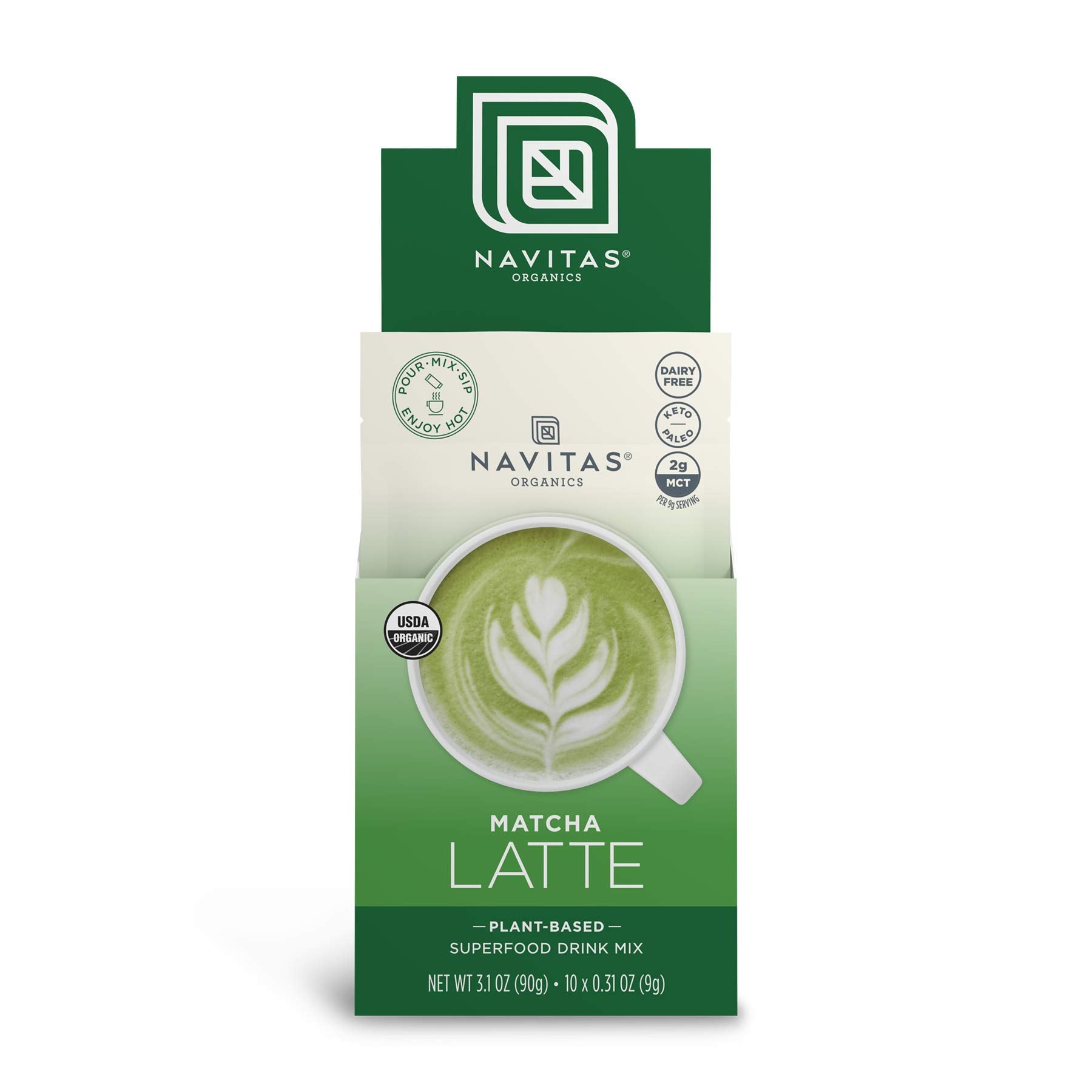 Navitas Organics Matcha Latte, 10 Single Serve Pouches, 10 Servings Organic, Non-GMO, Dairy-Free, 3.1 Ounce