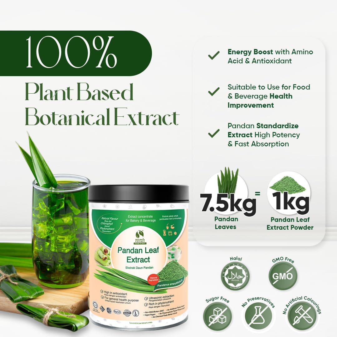 Bionutricia Pandan Extract Powder 7oz, Natural Extract for Baking, Desserts & Drinks, 7:1 Concentrate No Sugar & Artificial Flavor or Color, Vegan