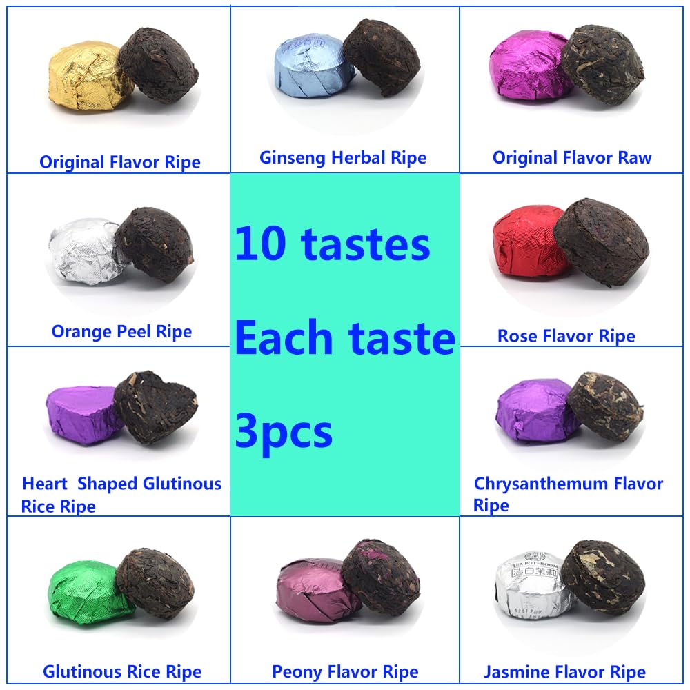 LWXLJMJZC?Ripe Puerh Tea Mini Cake 30pcs(10 Tastes*3pcs) |Yunnan Pu-erh Tea |Rice Balls (Cook&uncook) Pu'erh Tea | Mini Tuo Cha Black Tea