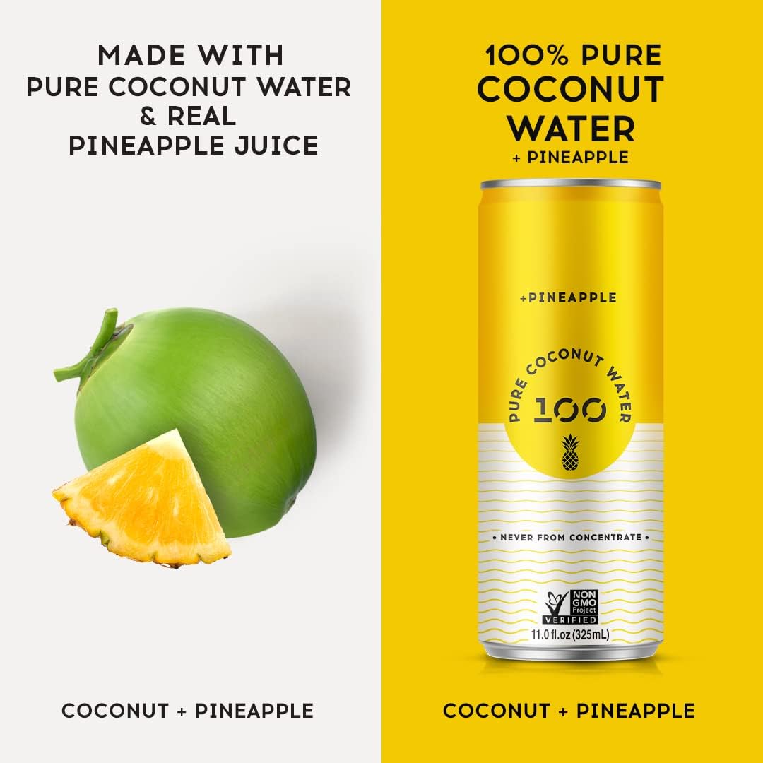 100 Coconuts Pineapple Flavored Pure Coconut Water, Non GMO, No Preservatives, 11 Fluid Ounces (Pack Of 12)