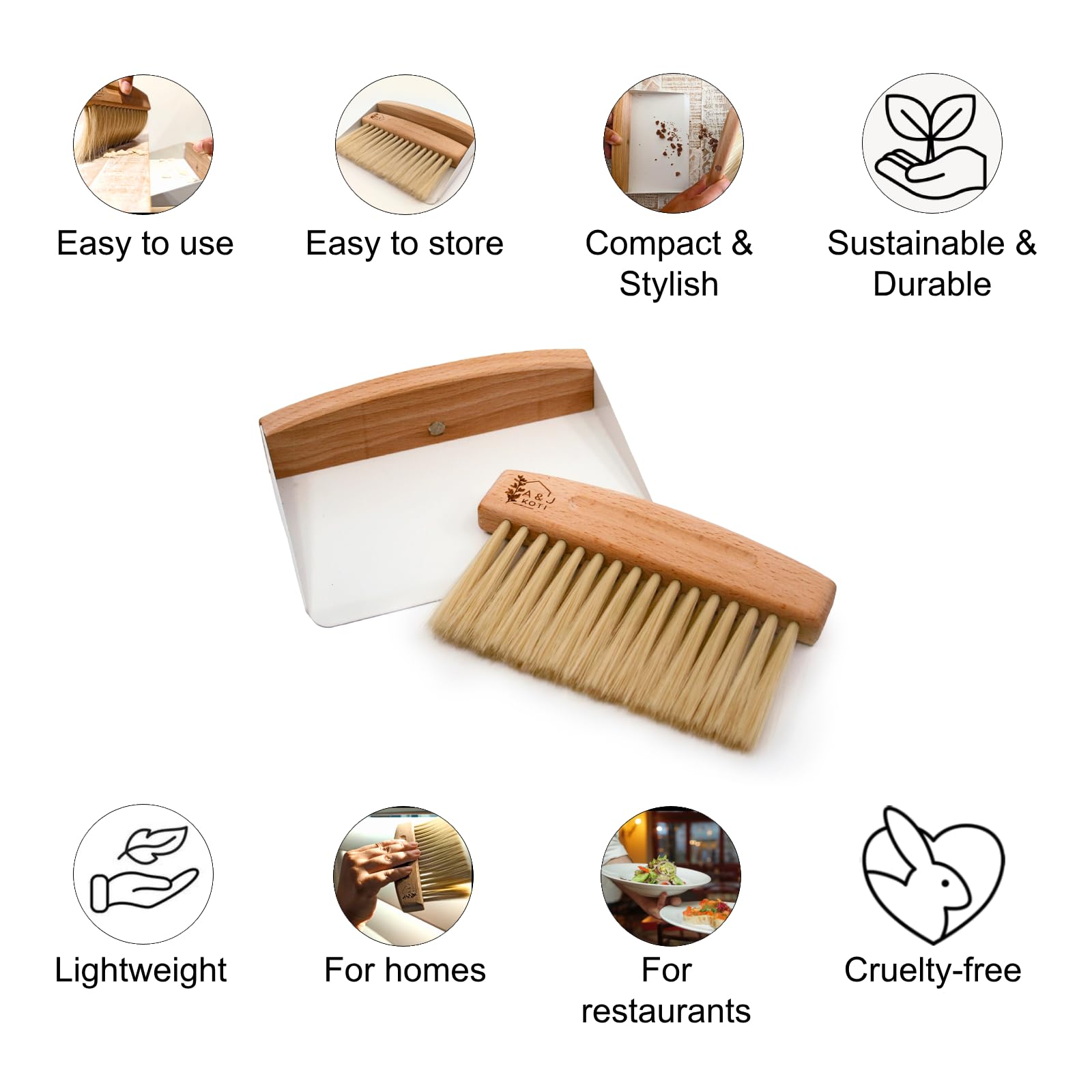 A&J Koti Table Crumb Sweeper - Small Mini Metal Dustpan and Hand Brush Combo Set - Wood Crumber for Servers, Restaurants, Home and Kitchen - Crumb
