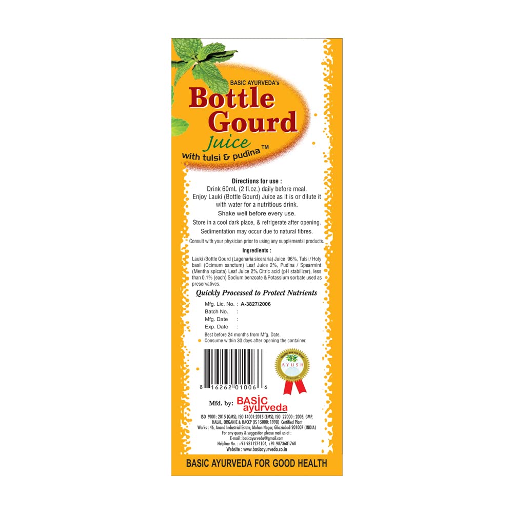 BASIC AYURVEDA Lauki (Bottle Gourd) Juice with Holy Basil & Mint Leaves | 32.46 Fl Oz (960ml) | Supports Digestion & Hair Health | Herbal Detox