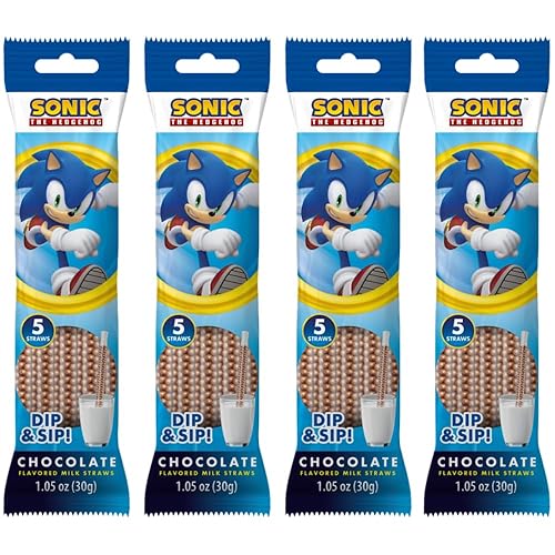 Sonic The Hedgehog Magically Flavored Dip & Sip Milk Straws - Chocolate, 4-Pack Bundle (20 Straws) Milk Flavoring Sipping for Kids, Drinks & Cereal |