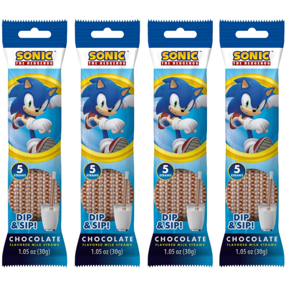 Sonic The Hedgehog Magically Flavored Dip & Sip Milk Straws - Chocolate, 4-Pack Bundle (20 Straws) Milk Flavoring Sipping for Kids, Drinks & Cereal |