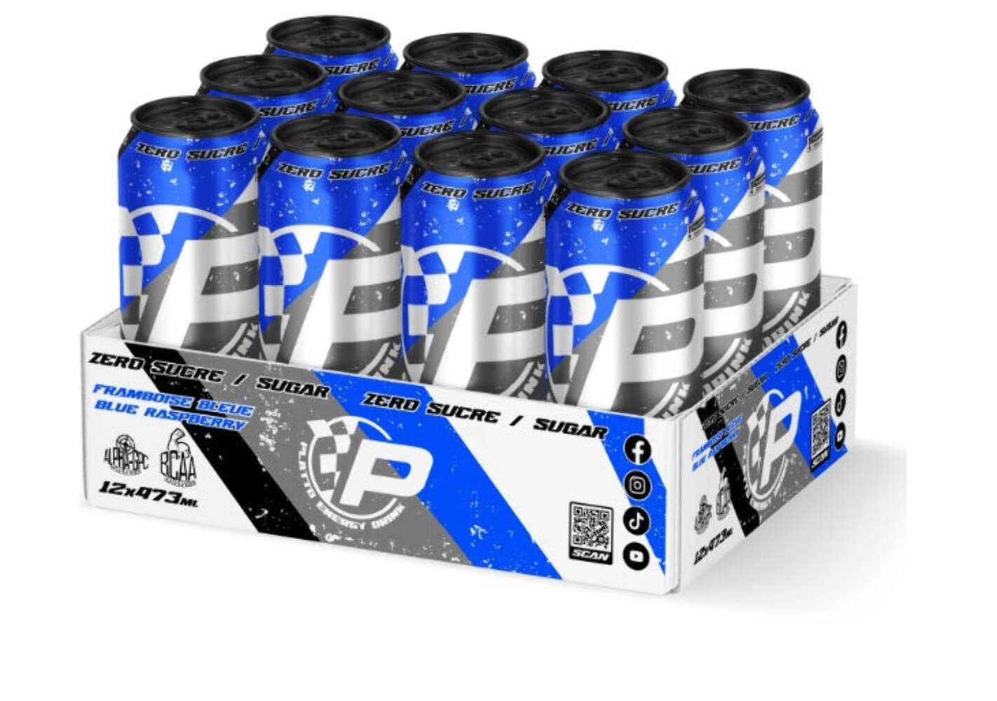 Platto Energy Drink, Blue Raspberry, Framboise Bleu, 12X473ML, Sans Sucre,Sugar Free,
