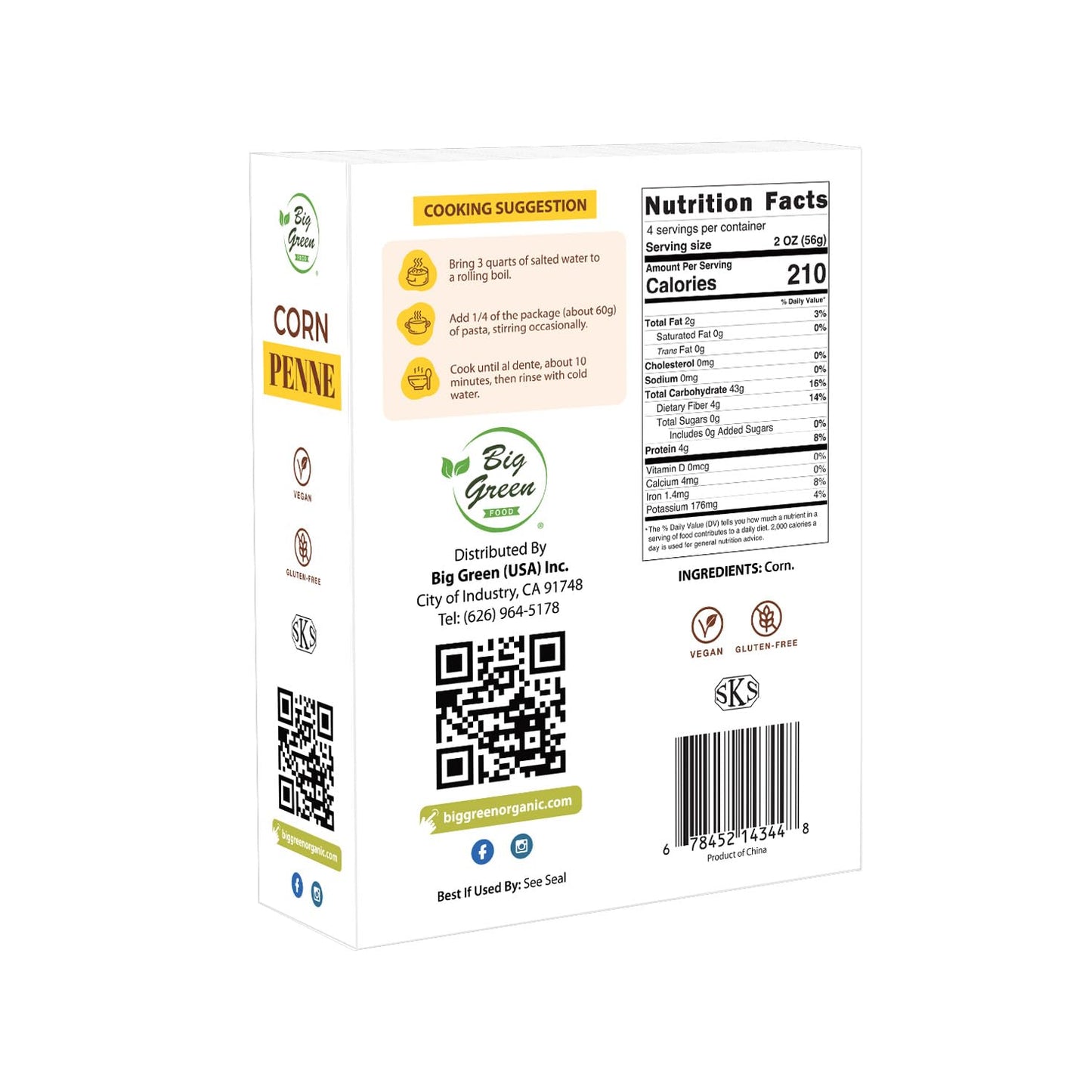 Big Green Food - Corn Penne, Premium Gluten-Free Penne Pasta, Wheat Free, Vegan Friendly (1 Box)