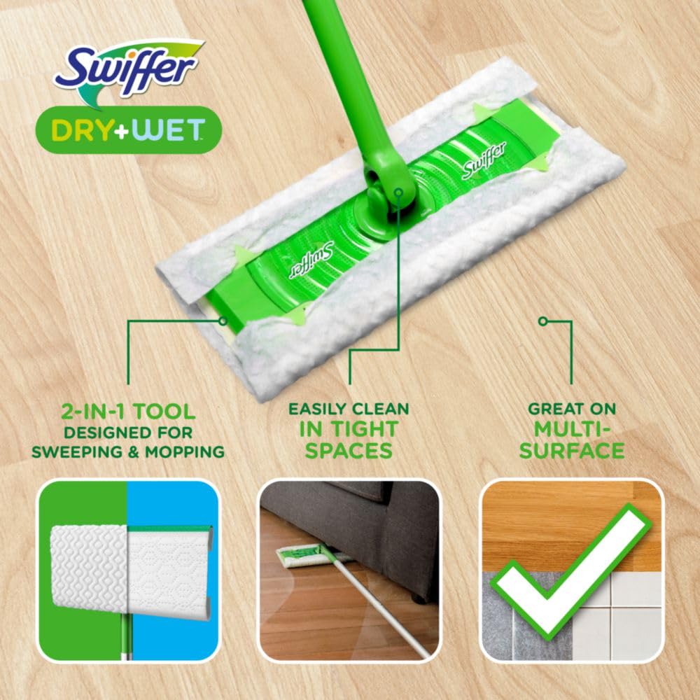 Sweeper 2 in 1 Dry + Wet Floor Cleaning and Sweeping Kit, Multi Surface Floor Cleaning Kit, Kit Includes 1 Sweeper, 7 Dry Sweeping Cloth, 3 Wet Mop