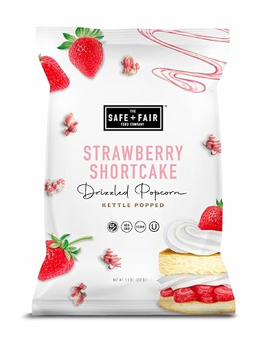 Safe + Fair Food Company Plant-Based Gourmet Strawberry Flavored Popcorn - Strawberry Shortcake Drizzled Kettle Corn Popcorn - Non-GMO + Gluten-Free