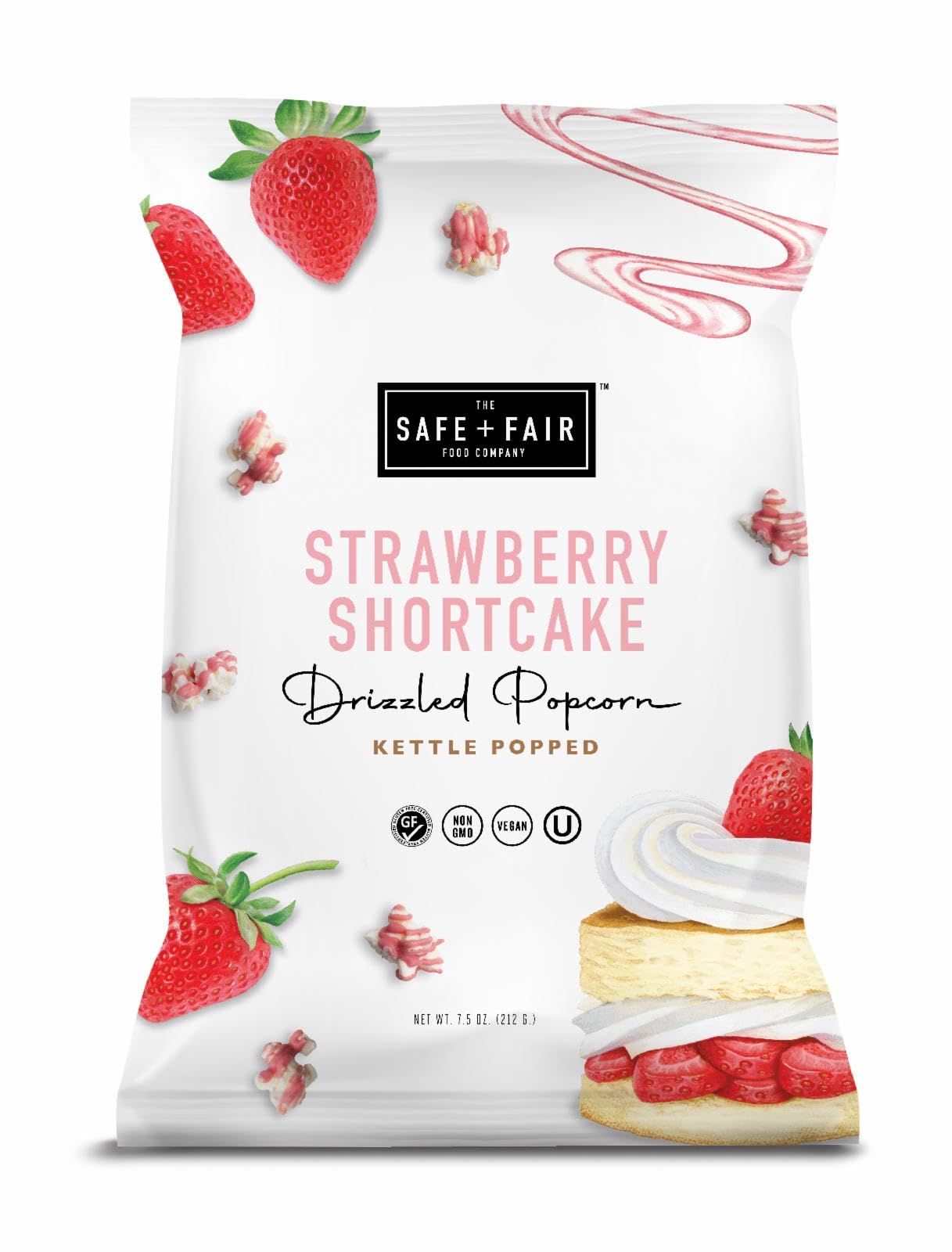 Safe + Fair Food Company Plant-Based Gourmet Strawberry Flavored Popcorn - Strawberry Shortcake Drizzled Kettle Corn Popcorn - Non-GMO + Gluten-Free