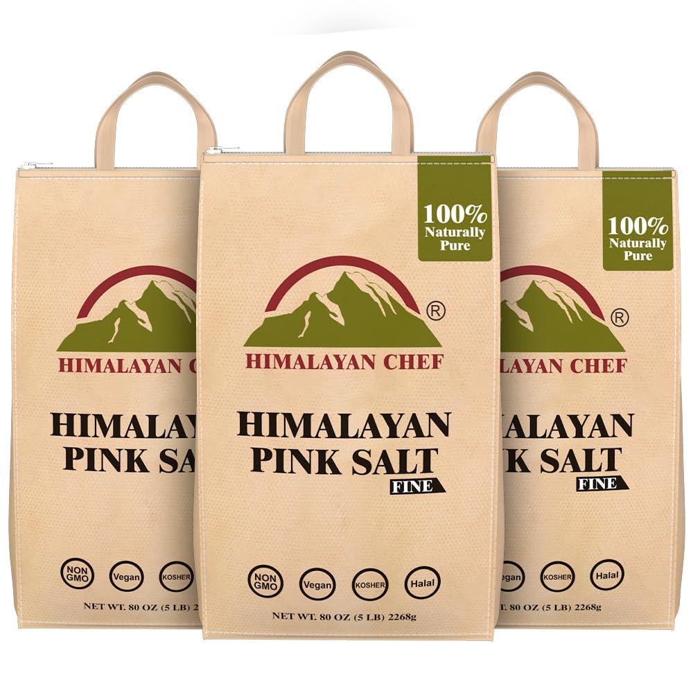 Himalayan Chef Pink Himalayan Salt - 15 lbs. (3 x 5 Pound Bags) Fine Grain, Bulk Bag, Non-GMO, Vegan & Kosher Certified, Food Graded with Rich 84