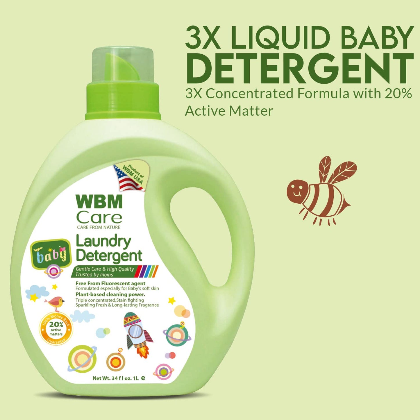 WBM Care Liquid Baby Laundry Detergent, 100 Loads | 68 oz | Gentle formula designed for baby clothes, ensuring effective cleaning and care