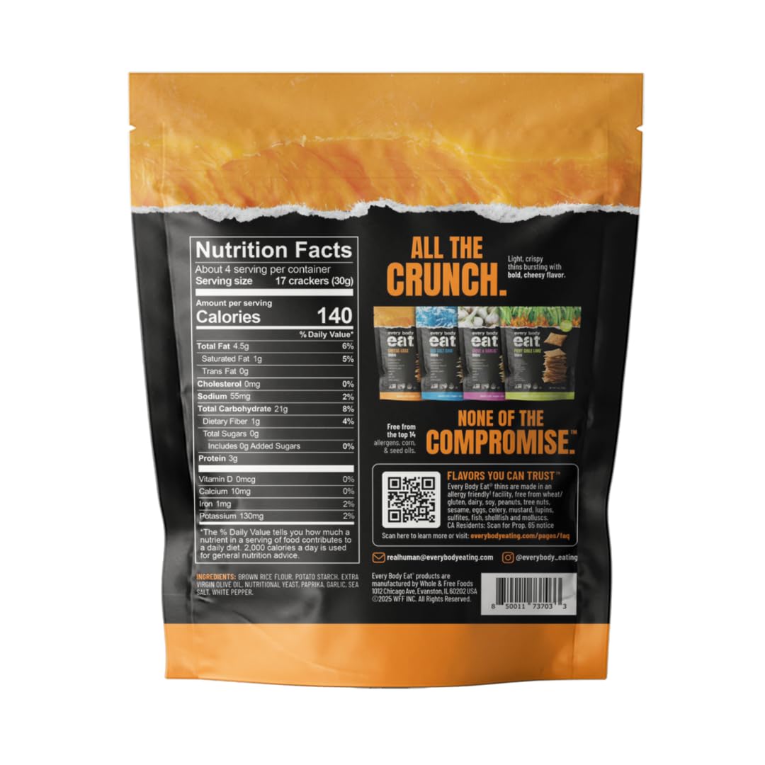 Every Body Eat Gluten Free Crackers, Cheese-Less - Vegan Snacks, Dairy Free Cheddar Style Snack Crackers, Seed Oil Free (Pack of 6), 4 oz Bags