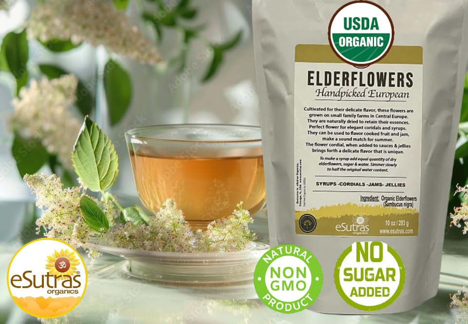 Elderflowers Organic Sambucus nigra European Elder flower Make Tasty Cordial Elderflower Syrup Wine or Elder flower Tea, Resealable Bag 10 oz